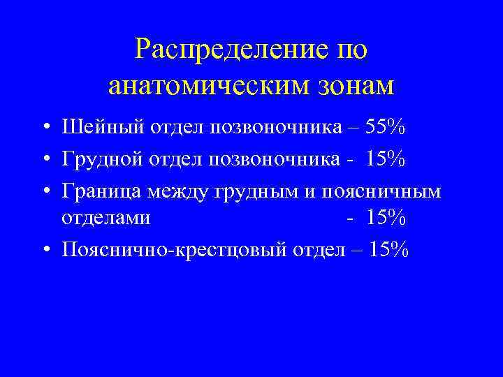 Распределение по анатомическим зонам • Шейный отдел позвоночника – 55% • Грудной отдел позвоночника
