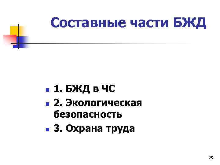 Составные части БЖД n n n 1. БЖД в ЧС 2. Экологическая безопасность 3.