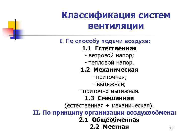 Классификация систем вентиляции I. По способу подачи воздуха: 1. 1 Естественная - ветровой напор;