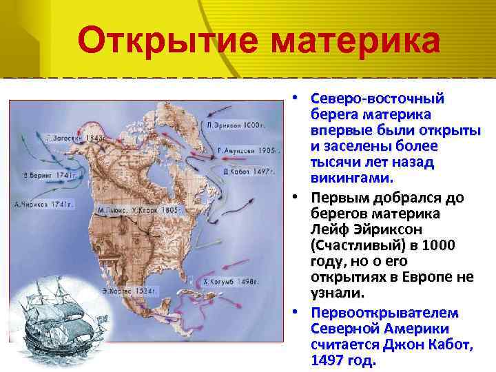 Открытие материка • Северо-восточный берега материка впервые были открыты и заселены более тысячи лет