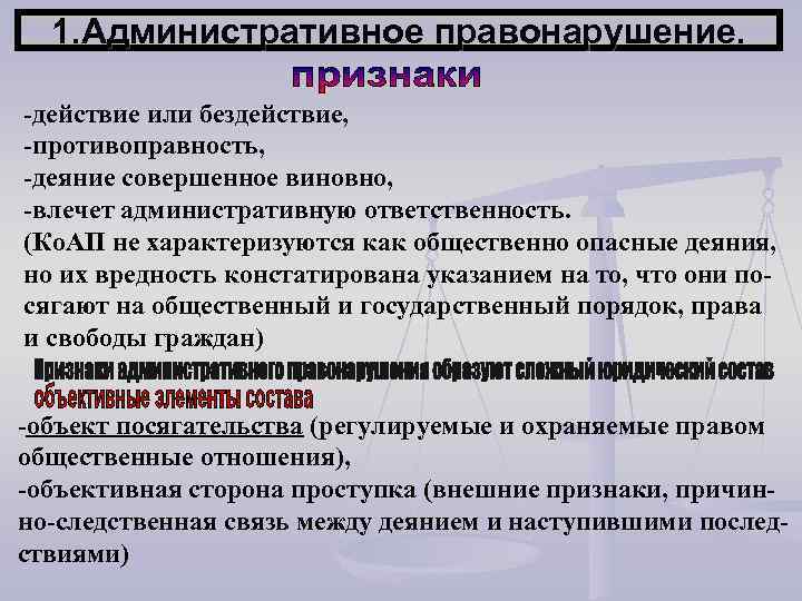 1. Административное правонарушение. -действие или бездействие, -противоправность, -деяние совершенное виновно, -влечет административную ответственность. (Ко.