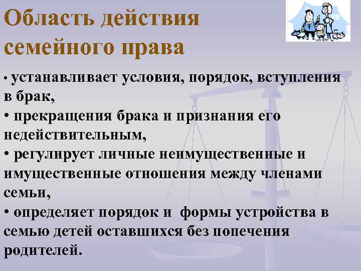 Область действия семейного права • устанавливает условия, порядок, вступления в брак, • прекращения брака