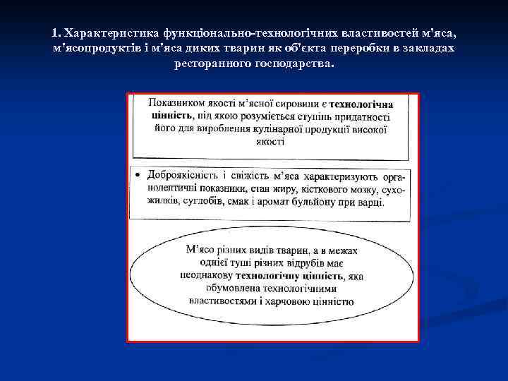 1. Характеристика функціонально-технологічних властивостей м'яса, м'ясопродуктів і м'яса диких тварин як об'єкта переробки в