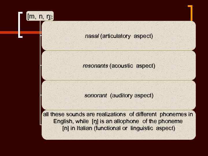 [m, n, ŋ]; nasal (articulatory aspect) resonants (acoustic aspect) sonorant (auditory aspect) all these