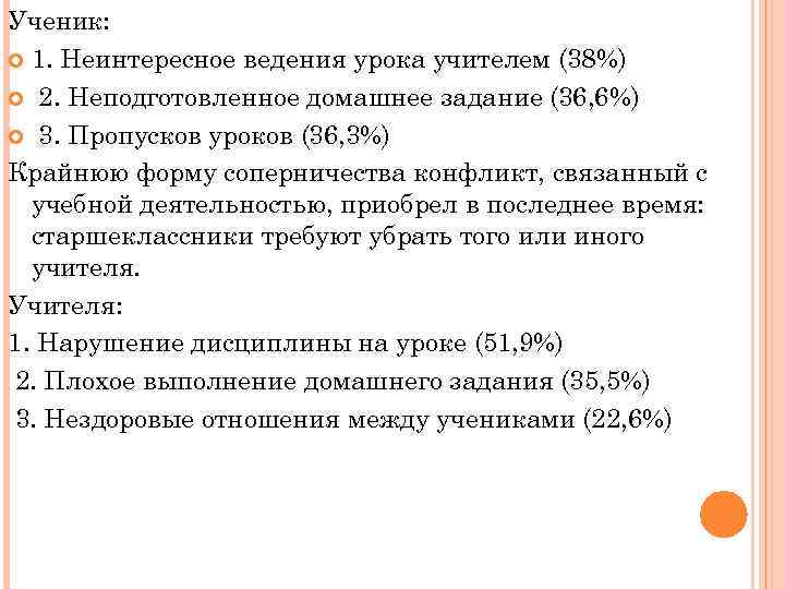 Ученик: 1. Неинтересное ведения урока учителем (38%) 2. Неподготовленное домашнее задание (36, 6%) 3.