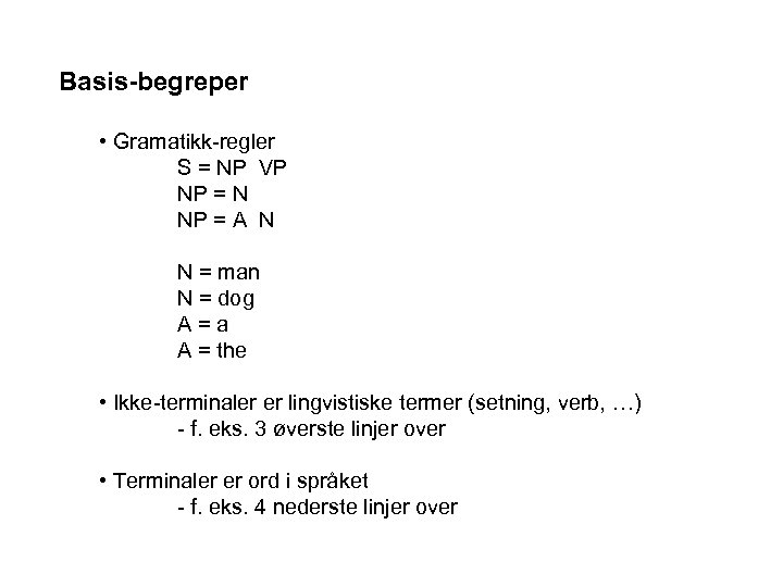 Basis-begreper • Gramatikk-regler S = NP VP NP = N NP = A N