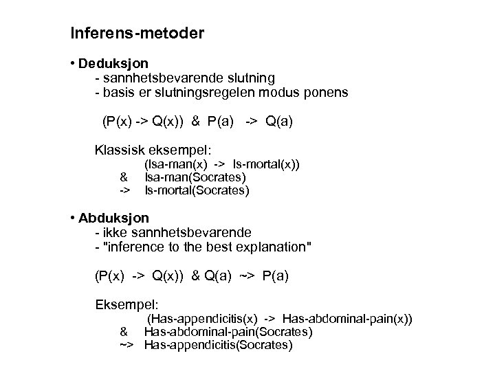 Inferens-metoder • Deduksjon - sannhetsbevarende slutning - basis er slutningsregelen modus ponens (P(x) ->