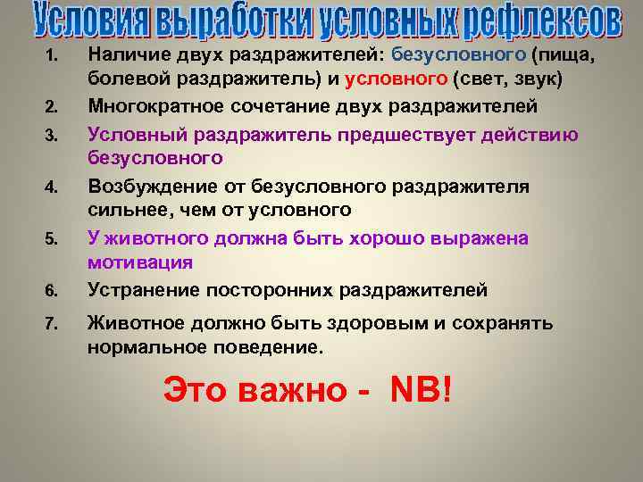 1. 2. 3. 4. 5. 6. 7. Наличие двух раздражителей: безусловного (пища, болевой раздражитель)