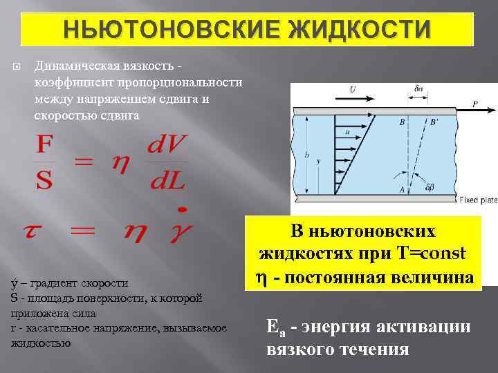 НЬЮТОНОВСКИЕ ЖИДКОСТИ Динамическая вязкость - коэффициент пропорциональности между напряжением сдвига и скоростью сдвига ý