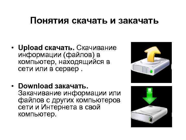 Понятия скачать и закачать • Upload скачать. Скачивание информации (файлов) в компьютер, находящийся в