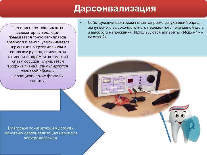 Дарсонвализация • Под влиянием проявляются вазомоторные реакции: повышается тонус капилляров, артериол и венул, увеличивается