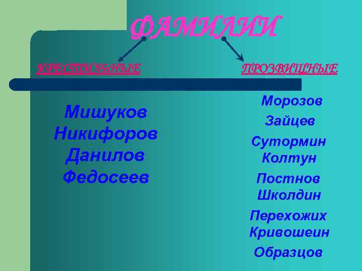 ФАМИЛИИ КРЕСТИЛЬНЫЕ Мишуков Никифоров Данилов Федосеев ПРОЗВИЩНЫЕ Морозов Зайцев Сутормин Колтун Постнов Школдин Перехожих