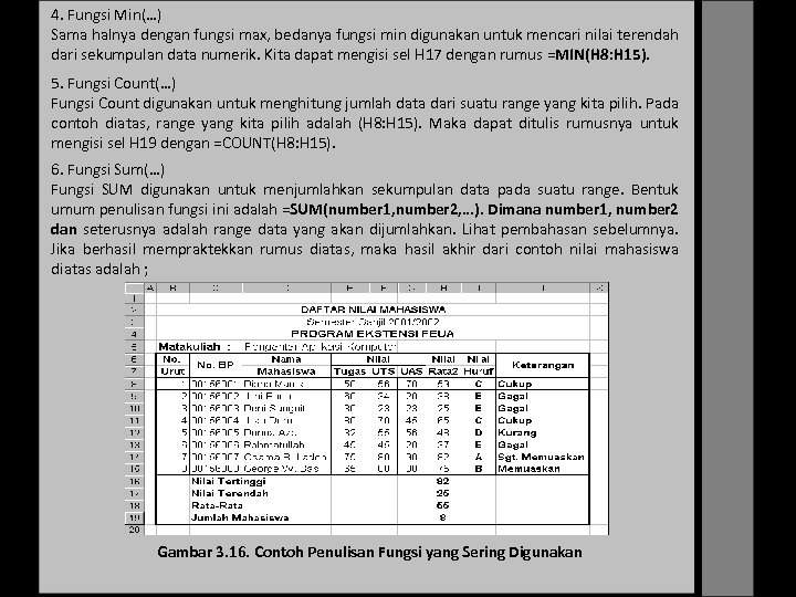 4. Fungsi Min(…) Sama halnya dengan fungsi max, bedanya fungsi min digunakan untuk mencari