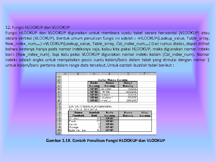 12. Fungsi HLOOKUP dan VLOOKUP digunakan untuk membaca suatu tabel secara horizontal (VLOOKUP) atau