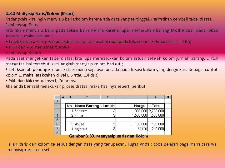3. 8. 3 Menyisip Baris/Kolom (Insert) Kadangkala kita ingin menyisip baris/kolom karena ada data