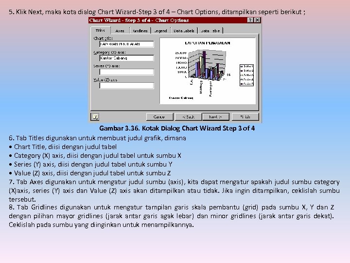5. Klik Next, maka kota dialog Chart Wizard-Step 3 of 4 – Chart Options,