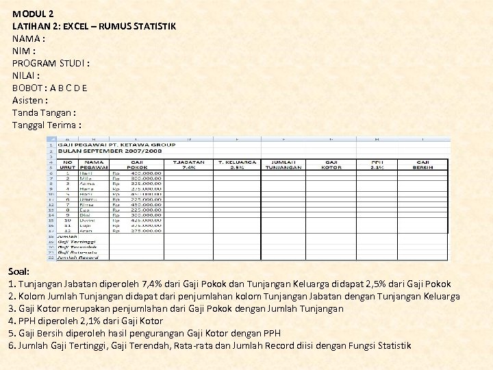 MODUL 2 LATIHAN 2: EXCEL – RUMUS STATISTIK NAMA : NIM : PROGRAM STUDI