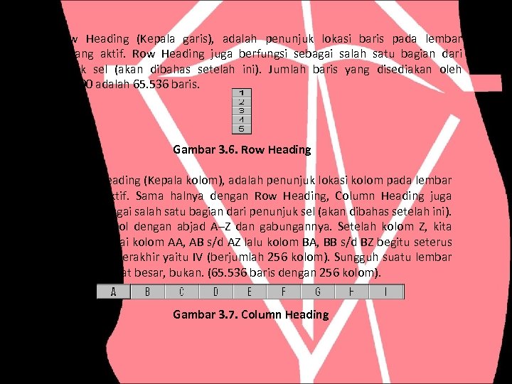 Ø Row Heading (Kepala garis), adalah penunjuk lokasi baris pada lembar kerja yang aktif.