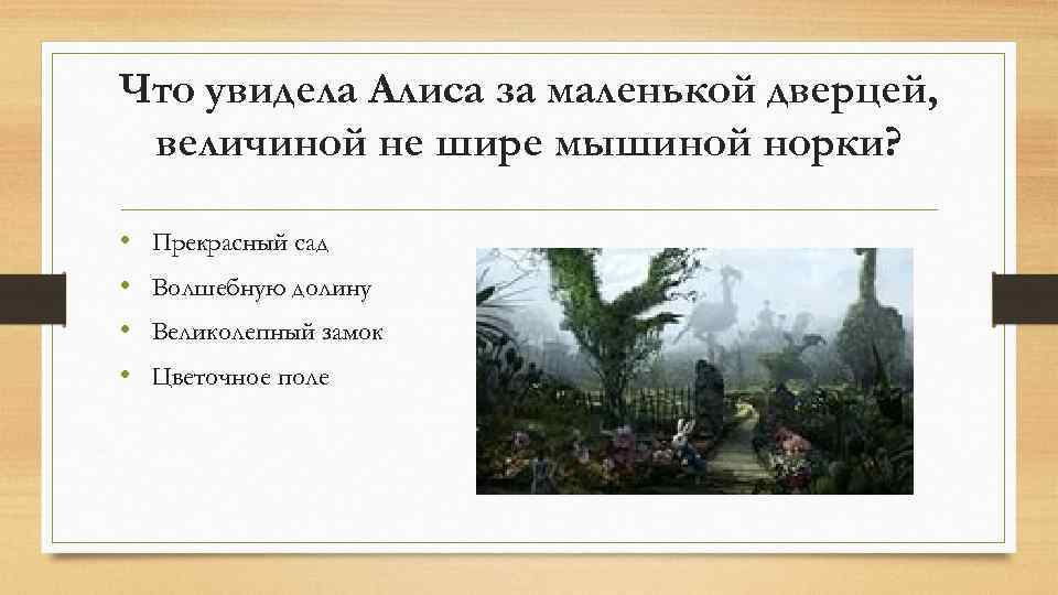 Что увидела Алиса за маленькой дверцей, величиной не шире мышиной норки? • • Прекрасный