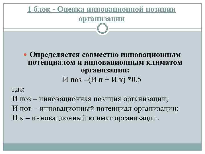 1 блок - Оценка инновационной позиции организации Определяется совместно инновационным потенциалом и инновационным климатом