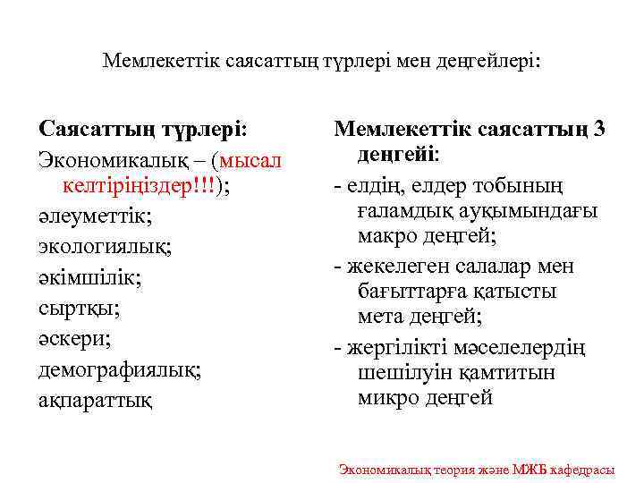 Мемлекеттік саясаттың түрлері мен деңгейлері: Саясаттың түрлері: Экономикалық – (мысал келтіріңіздер!!!); әлеуметтік; экологиялық; әкімшілік;