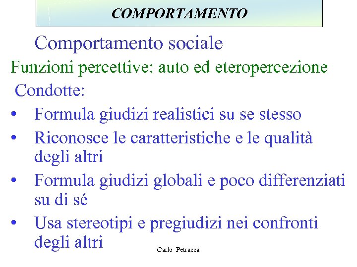 COMPORTAMENTO Comportamento sociale Funzioni percettive: auto ed eteropercezione Condotte: • Formula giudizi realistici su