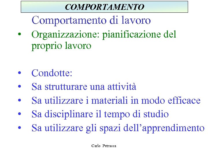 COMPORTAMENTO Comportamento di lavoro • Organizzazione: pianificazione del proprio lavoro • • • Condotte: