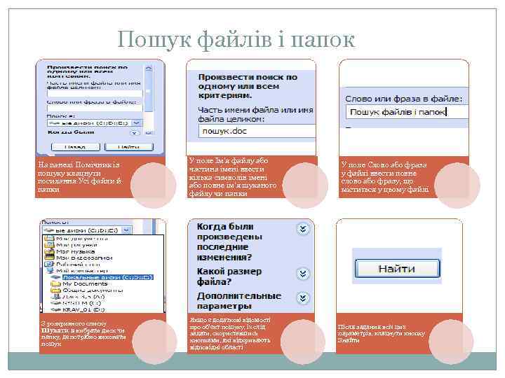 Пошук файлів і папок На панелі Помічник із пошуку клацнути посилання Усі файли й