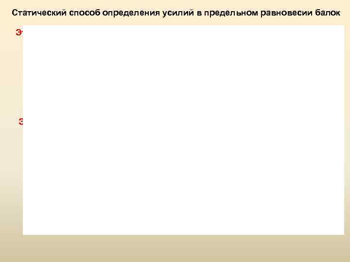 Статический способ определения усилий в предельном равновесии балок Этап 1 Этап 2 