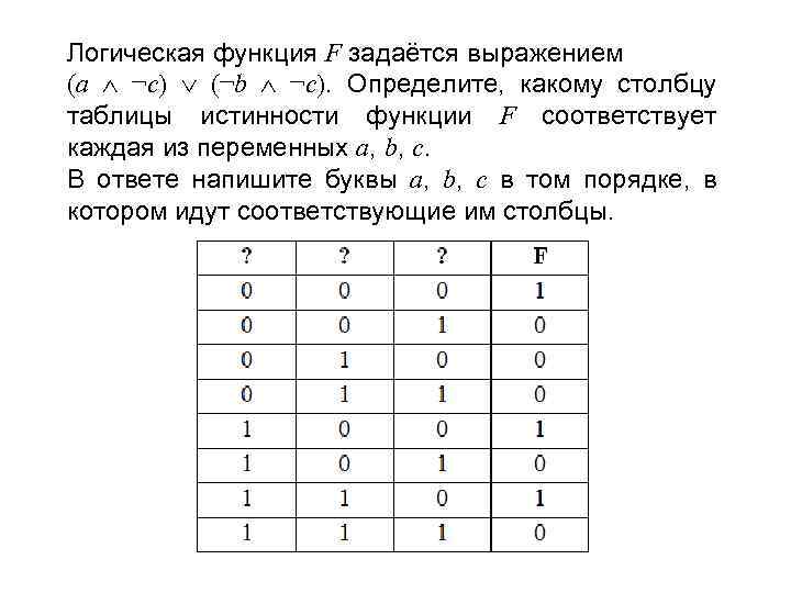 Логическая функция F задаётся выражением (a ¬c) (¬b ¬c). Определите, какому столбцу таблицы истинности