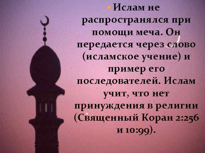  Ислам не распространялся при помощи меча. Он передается через слово (исламское учение) и