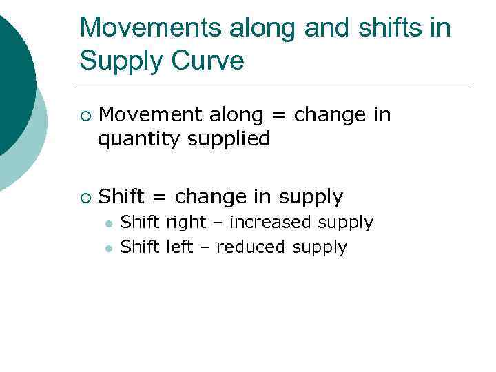 Movements along and shifts in Supply Curve ¡ ¡ Movement along = change in