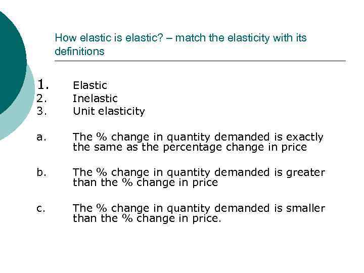 How elastic is elastic? – match the elasticity with its definitions 1. Elastic Inelastic