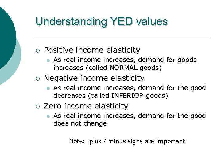 Understanding YED values ¡ Positive income elasticity l ¡ Negative income elasticity l ¡