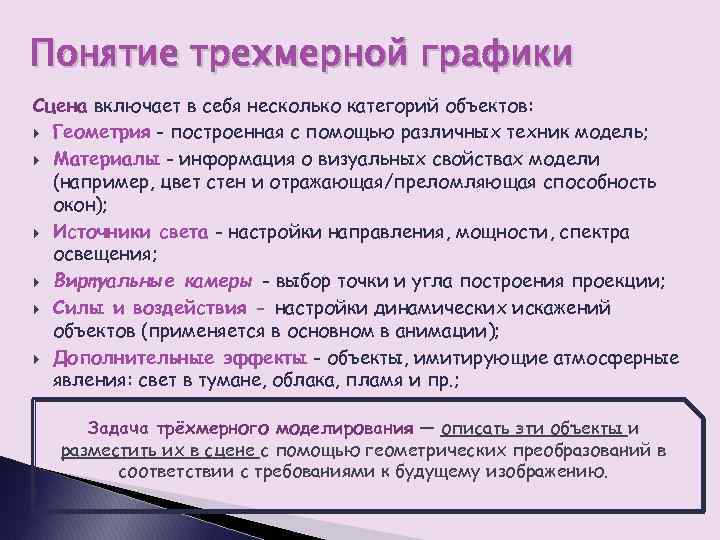 Понятие трехмерной графики Сцена включает в себя несколько категорий объектов: Геометрия - построенная с