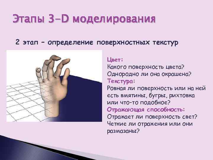 Этапы 3 -D моделирования 2 этап – определение поверхностных текстур Цвет: Какого поверхность цвета?