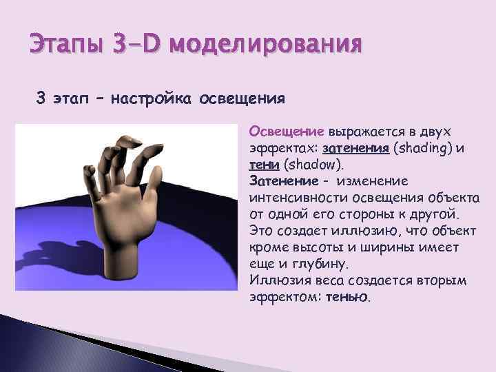 Этапы 3 -D моделирования 3 этап – настройка освещения Освещение выражается в двух эффектах: