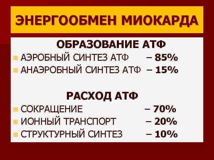 ЭНЕРГООБМЕН МИОКАРДА ОБРАЗОВАНИЕ АТФ n АЭРОБНЫЙ СИНТЕЗ АТФ – 85% n АНАЭРОБНЫЙ СИНТЕЗ АТФ