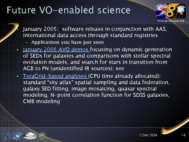 Future VO-enabled science Technology Open House 2004 • January 2005: software release in conjunction
