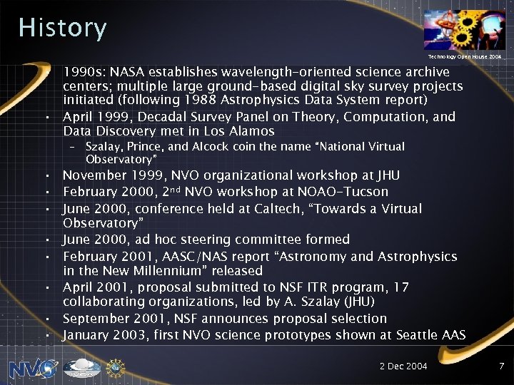 History Technology Open House 2004 • 1990 s: NASA establishes wavelength-oriented science archive centers;