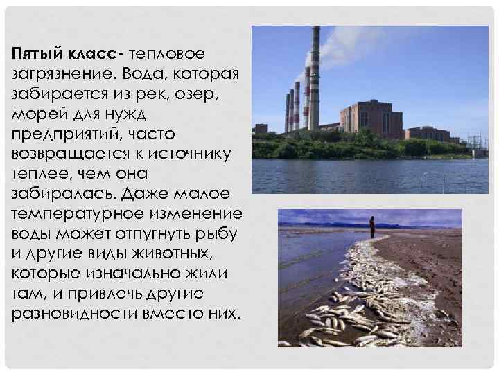 Пятый класс- тепловое загрязнение. Вода, которая забирается из рек, озер, морей для нужд предприятий,