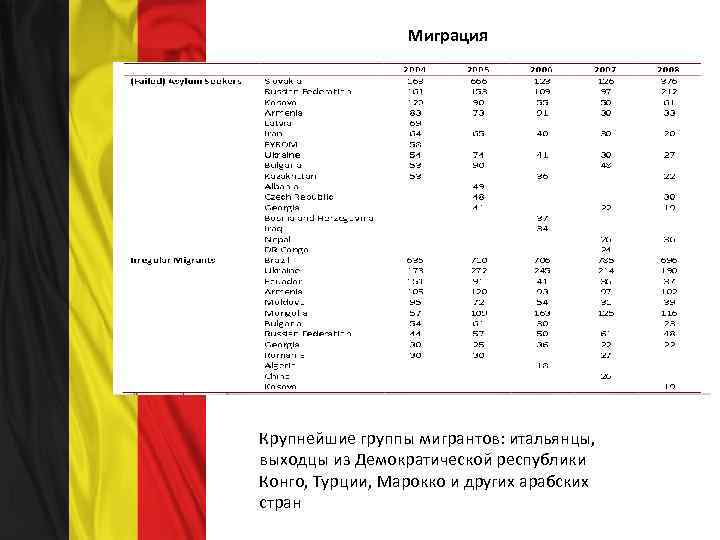 Миграция Крупнейшие группы мигрантов: итальянцы, выходцы из Демократической республики Конго, Турции, Марокко и других