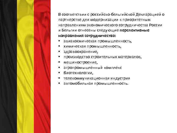 В соответствии с российско-бельгийской Декларацией о партнерстве для модернизации к приоритетным направлениям экономического сотрудничества