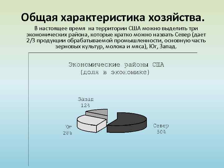 Общая характеристика хозяйства. В настоящее время на территории США можно выделить три экономических района,