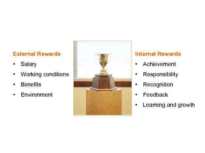 WHAT MOTIVATES PEOPLE External Rewards Internal Rewards • Salary • Achievement • Working conditions
