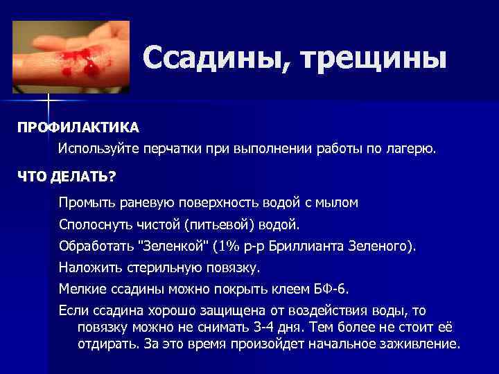 Ссадины, трещины ПРОФИЛАКТИКА Используйте перчатки при выполнении работы по лагерю. ЧТО ДЕЛАТЬ? Промыть раневую