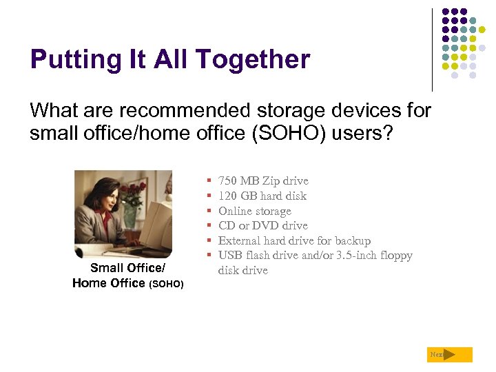 Putting It All Together What are recommended storage devices for small office/home office (SOHO)