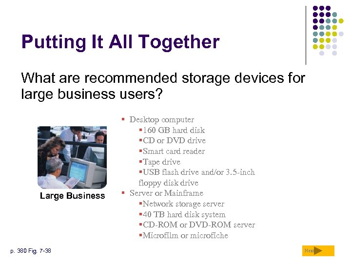 Putting It All Together What are recommended storage devices for large business users? Large
