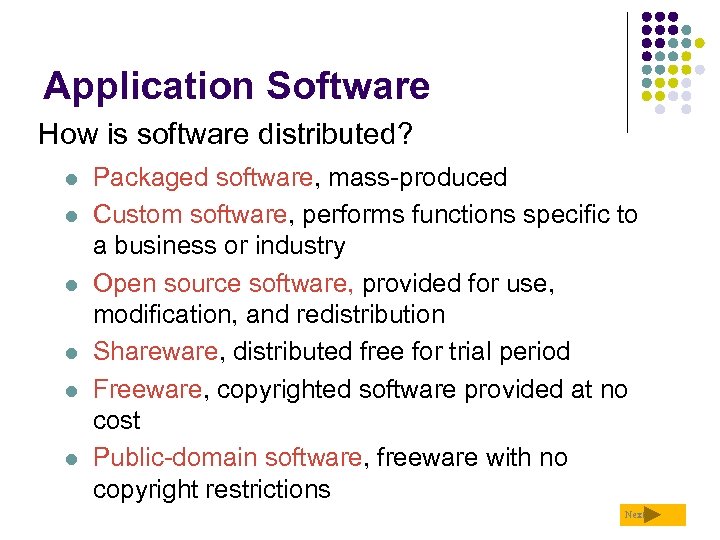 Application Software How is software distributed? l l l Packaged software, mass-produced Custom software,