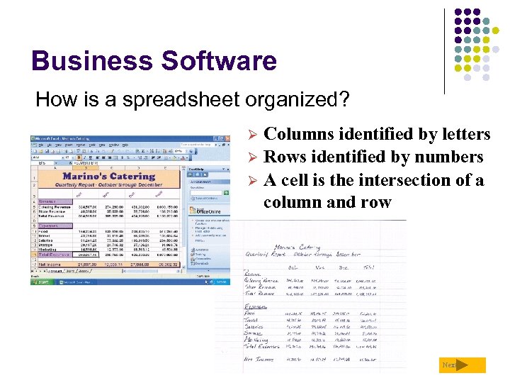 Business Software How is a spreadsheet organized? Columns identified by letters Ø Rows identified